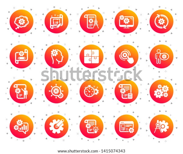Engineering icons. Set of Idea bulb, Dividers tools\
and Blueprint icons. Cogwheel, calculate price, mechanical tools.\
Idea bulb with cog, architect dividers, engineering people.\
Gradient buttons\
set