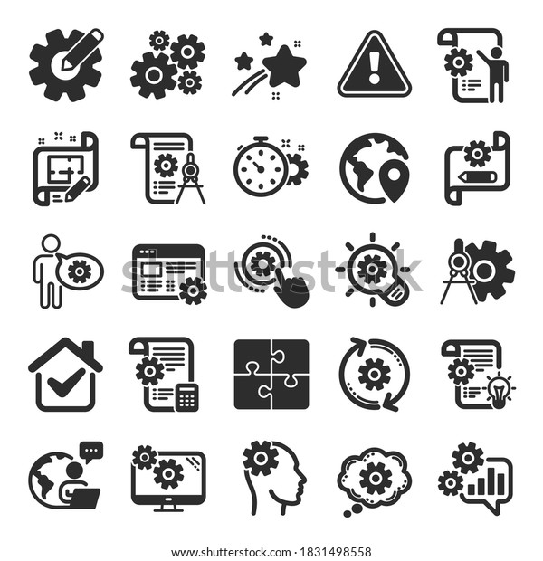 Engineering icons. Set of Idea bulb, Dividers\
tools and Blueprint icons. Cogwheel, calculate price, mechanical\
tools. Idea bulb with cog, architect dividers, engineering people.\
Flat icon set.\
Vector