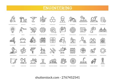 Engineering Icons Set. Industrial, Mechanical, Civil, Electrical, Manufacturing and Technology Line Icons