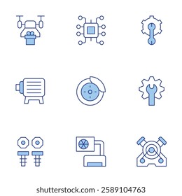 Engineering icons set. Line Duotone style, editable stroke. air conditioner, brake disc, chip, drone, electric motor, engine, engineering, gear, screw.