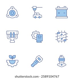 Engineering icons set. Line Duotone style, editable stroke. 3d printer, battery, book, car engine, car key, cpu, engineering, manifold, strut mounting.