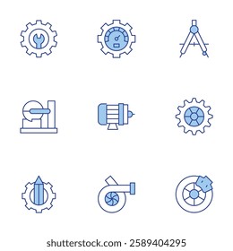 Engineering icons set. Line Duotone style, editable stroke. brake, clutch disc, drawing compass, electric motor, engineer, engineering, laser cutting machine, motor, settings.