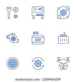 Engineering icons set. Line Duotone style, editable stroke. car radiator, drone, engine, engineering, jet engine, milling machine, process, reverse engineering, tank.