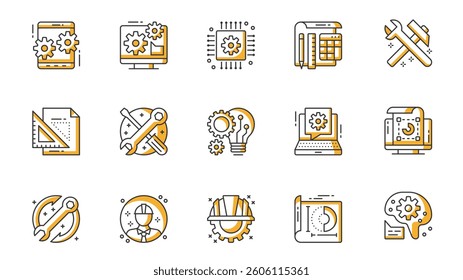 Engineering icons set in outline stroke design for web. Pack line pictograms with application settings, optimization, computer, circuit board, microchip, tools, blueprint, other. Vector illustration.