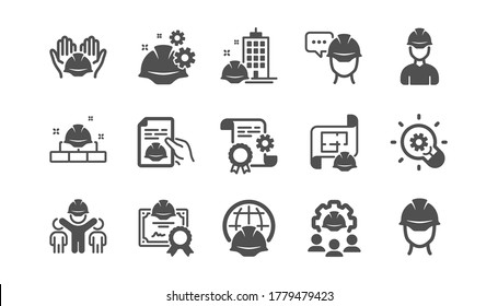 Engineering icons set. People, Teamwork and Technical documentation. Blueprint with gear, engineer and construction helmet set icons. Technician, industrial people, engineering process. Vector