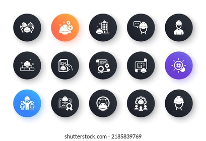 Engineering icons set. People, Teamwork and Technical documentation. Blueprint with gear, engineer and construction helmet set icons. Technician, industrial people, engineering process. Vector