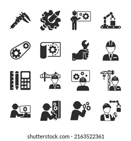 Engineering icons set. Produced worker engineer. Production, maintenance, technical control. Monochrome black and white icon.