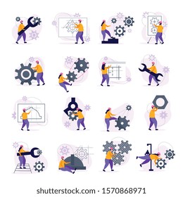 Engineering icons set with technology symbols flat isolated vector illustration