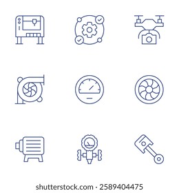 Engineering icons set. Thin Line style, editable stroke. drone, electric motor, engine, manifold, milling machine, piston, power, reverse engineering, speedometer.