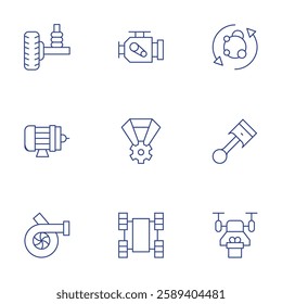 Engineering icons set. Thin Line style, editable stroke. damper, drone, electric motor, engine, medal, metabolism, motor, piston, robot.