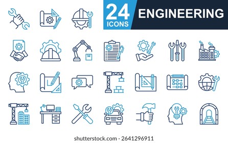 Engineering Icons set vector illustration. Containing engineer, repair, construction, blueprint, factory and more. Simple line color icons collection.