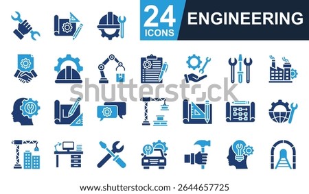 Engineering Icons set vector illustration. Containing engineer, repair, construction, blueprint, factory and more. Simple solid icons collection.