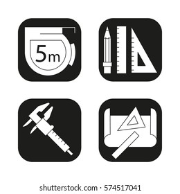 Engineering icons set.Caliper, pencil and ruler, measuring tape, drawing rulers symbol. Vector white silhouettes illustrations in black squares.