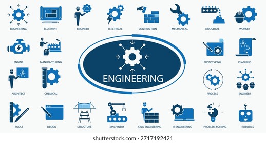 Conjunto de iconos de ingeniería. Conjunto de iconos de herramientas y construcción. Llave, destornillador, martillo, paquete de Vector de taller, taladro, sierra, juego de ilustración de dispositivo de alicates, construcción, herramientas de mano.