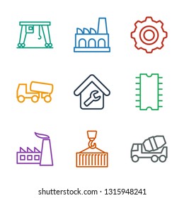 engineering icons. Trendy 9 engineering icons. Contain icons such as concrete mixer, cargo on hook, factory, cpu, home repair, gear, cargo crane. engineering icon for web and mobile.