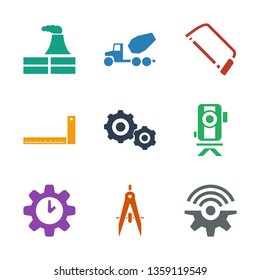 engineering icons. Trendy 9 engineering icons. Contain icons such as gear connection, compass, clock in gear, level equipment, gear, ruler. engineering icon for web and mobile.
