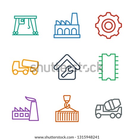 engineering icons. Trendy 9 engineering icons. Contain icons such as concrete mixer, cargo on hook, factory, cpu, home repair, gear, cargo crane. engineering icon for web and mobile.