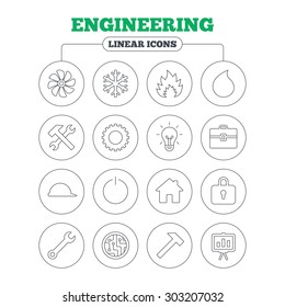 Engineering icons. Ventilation, heat and air conditioning symbols. Water supply, repair service and circuit board thin outline signs. Lamp, house and locker. Circle buttons on white. Vector