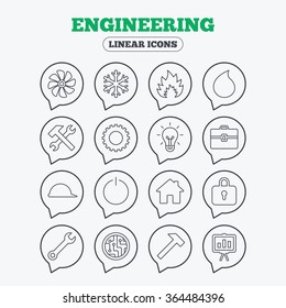 Engineering icons. Ventilation, heat and air conditioning symbols. Water supply, repair service and circuit board thin outline signs. Lamp, house and locker. Linear icons in speech bubbles.