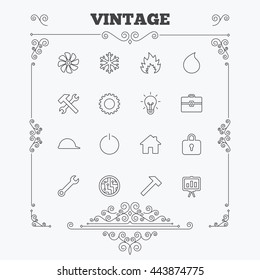 Engineering icons. Ventilation, heat and air conditioning symbols. Water supply, repair service and circuit board thin outline signs. Lamp, house and locker. Vintage ornament patterns. Vector