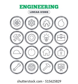 Engineering icons. Ventilation, heat and air conditioning symbols. Water supply, repair service and circuit board thin outline signs. Lamp, house and locker. Circle flat buttons with linear icons