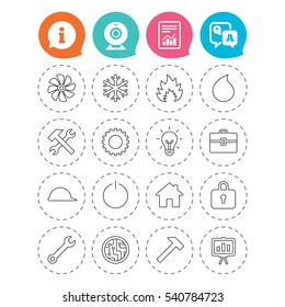 Engineering icons. Ventilation, heat and air conditioning symbols. Water supply, repair service and circuit board thin outline signs. Lamp, house and locker. Information, question and answer icons