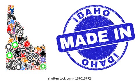 Engineering Idaho State map mosaic and MADE IN grunge stamp. Idaho State map mosaic created with spanners,wheel, tools,components,transports, electric strikes,details.