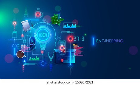 Engineering idea concept. Electronic devices development. Technology creation and design industrial sample. Engineer invents, devises technician solution. Equipments, tools of developer. Banner.