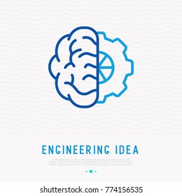 Engineering idea concept: human brain with wheel thin line icon. Modern vector illustration.