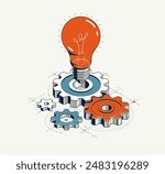 Engineering idea concept, innovation, invention and solution metaphor, light bulb with gears vector 3D isometric illustration, mechanical engine works.