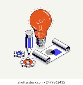 Engineering idea concept, innovation, invention and solution concept, light bulb vector 3D isometric illustration, mechanical engine works.