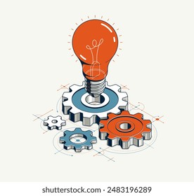 Engineering idea concept, innovation, invention and solution metaphor, light bulb with gears vector 3D isometric illustration, mechanical engine works.