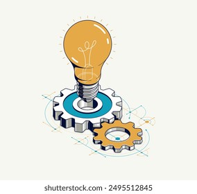 Engineering idea concept, innovation, invention and solution metaphor, light bulb with gears vector 3D isometric illustration, mechanical engine works.