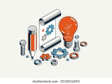 Engineering idea concept, innovation, invention and solution concept, light bulb vector 3D isometric illustration, mechanical engine works.