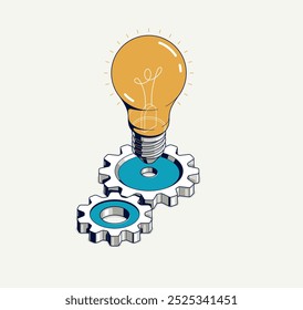 Engineering Idee Konzept, Innovation, Erfindung und Lösung Konzept, Glühlampe Vektor 3D isometrische Illustration, mechanische Motor arbeitet.