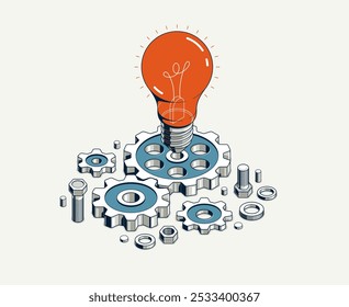 Engineering idea concept, innovation, invention and solution concept, light bulb vector 3D isometric illustration, mechanical engine works.