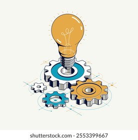 Engineering idea concept, innovation, invention and solution metaphor, light bulb with gears vector 3D isometric illustration, mechanical engine works.