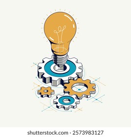 Engineering idea concept, innovation, invention and solution metaphor, light bulb with gears vector 3D isometric illustration, mechanical engine works.