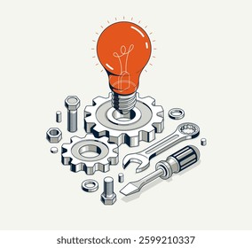 Engineering idea concept, innovation, invention and solution concept, light bulb vector 3D isometric illustration, mechanical engine works.