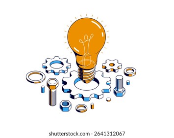 Engineering idea concept, innovation, invention and solution concept, light bulb vector 3D isometric illustration, mechanical engine works.