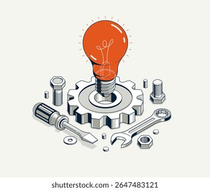 Engineering idea concept, innovation, invention and solution concept, light bulb vector 3D isometric illustration, mechanical engine works.