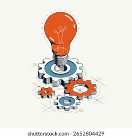 Concepto de idea de ingeniería, innovación, invención y metáfora de solución, bombilla con engranajes Vector Ilustración isométrica 3D, trabajos de motor mecánico.