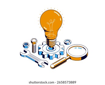 Engineering idea concept, innovation, invention and solution concept, light bulb vector 3D isometric illustration, mechanical engine works.
