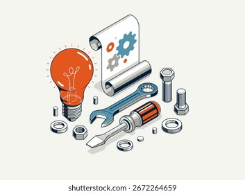 Engineering idea concept, innovation, invention and solution concept, light bulb vector 3D isometric illustration, mechanical engine works.