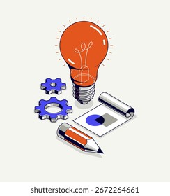 Conceito de ideia de engenharia, inovação, invenção e conceito de solução, ilustração isométrica 3D vetor de lâmpada, trabalhos de motor mecânico.