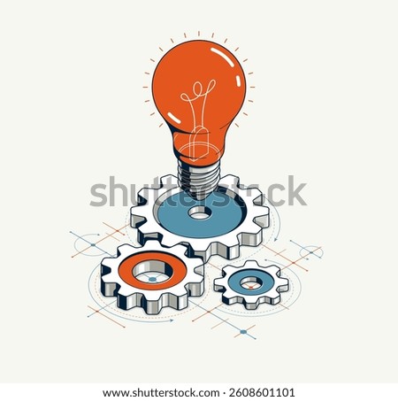 Engineering idea concept, innovation, invention and solution metaphor, light bulb with gears vector 3D isometric illustration, mechanical engine works.
