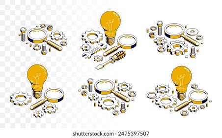 Engineering idea concept set, innovation, invention and solution concept, light bulb vector 3D isometric illustration, mechanical engine works.