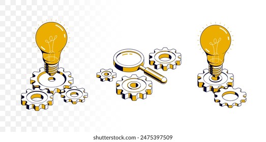 Engineering idea concept set, innovation, invention and solution concept, light bulb vector 3D isometric illustration, mechanical engine works.