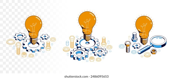 Engineering Ideenkonzept Set, Innovation, Erfindung und Lösungskonzept, Glühbirne Vektorgrafik 3D isometrische Illustration, mechanische Motorenarbeiten.