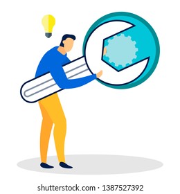 Engineering Idea Metaphor Flat Vector Illustration. Man Holding Huge Spanner, Wrench Isolated Character. Cartoon Mechanic, Engineer, Repairman Adjusting Cogwheel. Production, Manufacturing Innovation